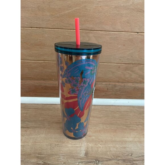 NWT Starbucks 24oz Reusable Tumbler With Lid & Straw - Tropical Floral Design - Picture 4 of 5